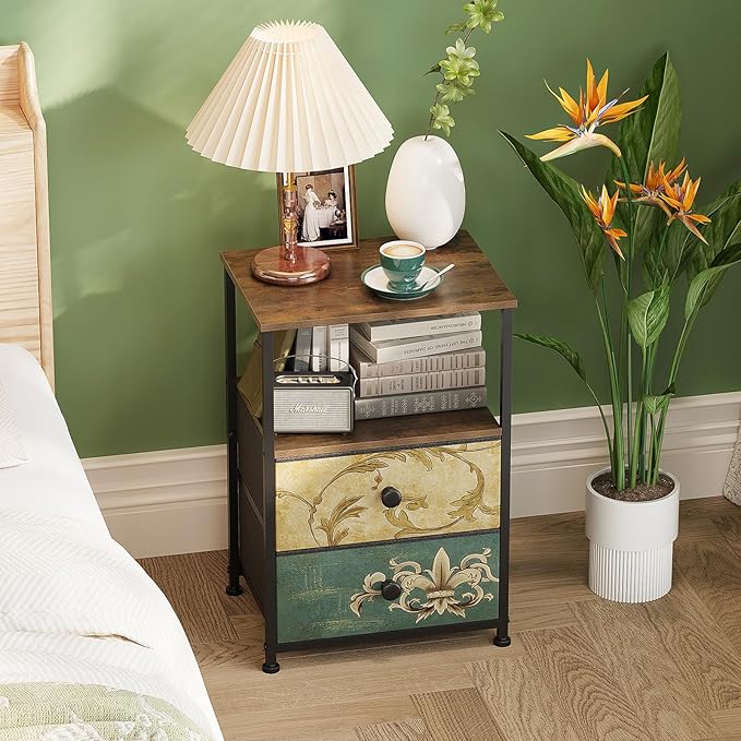Tohomeor Nightstand with 2 Fabric Drawers Retro Flower End Table Side Table with Open Storage Shelf for Bedroom Living Room Sofa Beside Vintage
