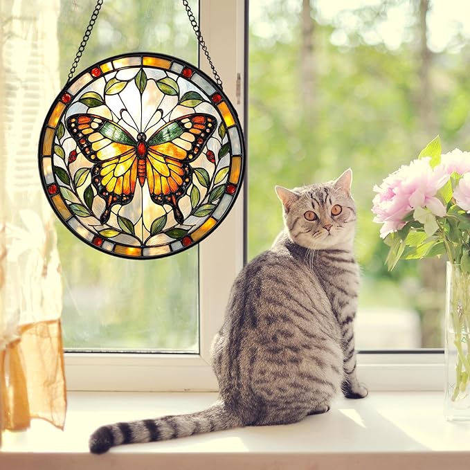 Butterfly Stained Glass Sun Catcher for Window Hanging, Yellow Butterfly Suncatcher for Indoor Window Decoration, Stained Glass Panel Home Decor for Women, Mom (Yellow, 6.3'')