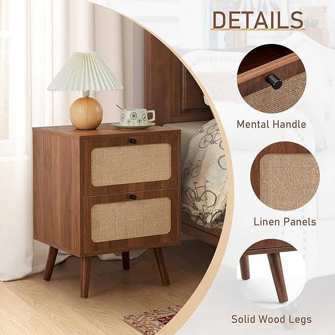 16" Wooden Nightstand with 2 Storage Drawer, Farmhouse Bedside End Table with Linen Decor, Mid Century Modern for Night Stand Bedroom, Living Room & Small Spaces (Walnut)