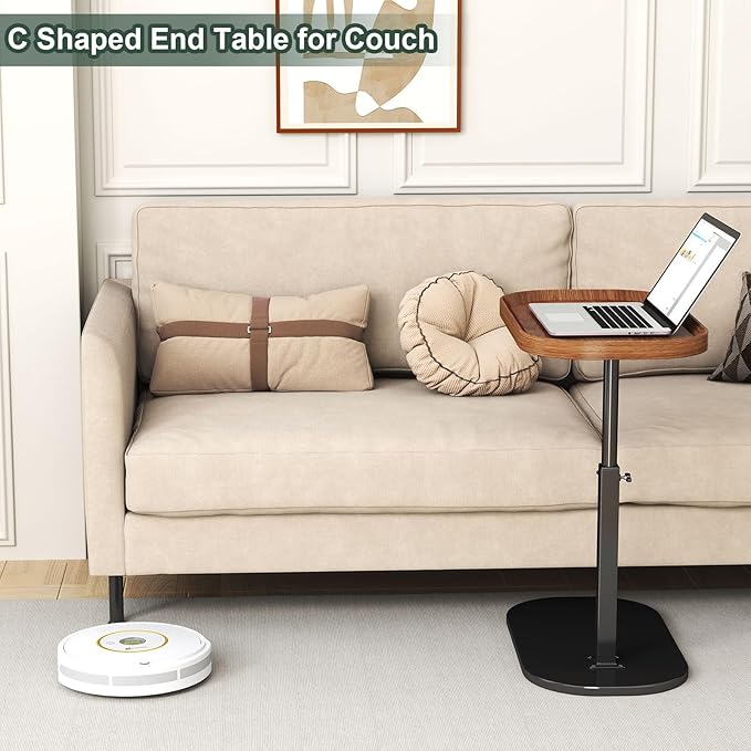 C Shaped Side Table Adjustable Height, 360°Swivel C Shaped End Table, Couch Side Tables That Slide Under, Small Coffee C Table End Table for Sofa/Bed/Bathtub, Rotating Elevate Tabletop (walnut)