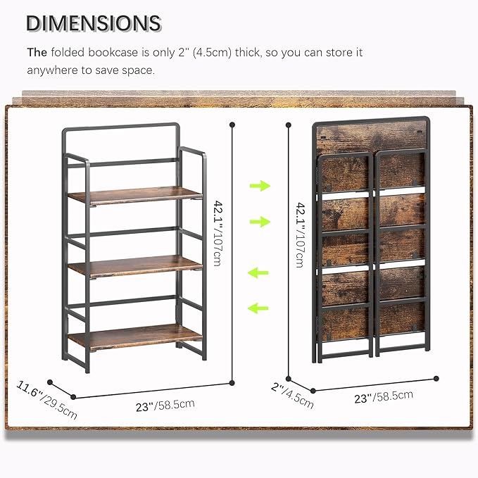 4NM No Assembly Folding Bookshelf, 3-Shelf 42.1" H Collapsible Foldable Bookcase Storage for Small Spaces, Rustic Brown and Black