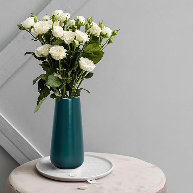 D'vine Dev 8 Inch Ceramic Flower Vase Matte Finishing, Minimalist Design for Home Décor, Bedroom, Living Room, Centerpieces, Office, Emerald Green, VS-XH-F-1