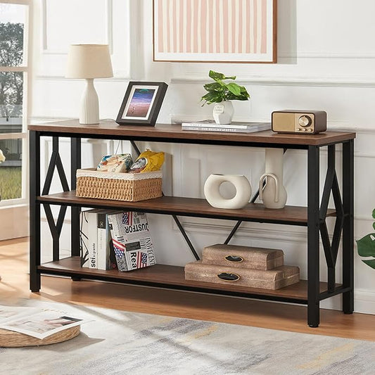 HOMISSUE Sofa Console Table, Rustic Console Table with 3-Tier Storage, Engineered Wood Sofa Tables with Open Shelves, Heavy Duty Entryway Tables for Living Room, Hallway (55 Inch, Rustic Brown)