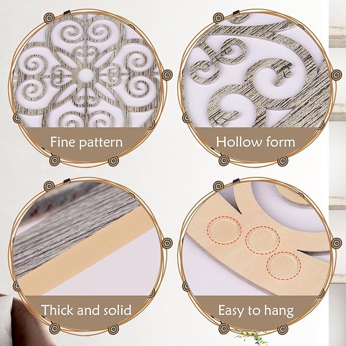 Zzbakress 4 Pieces Farmhouse Wall Decor Rustic Circle Wall Decor Wooden Hollow Carved Round Wall Art for Living Room Bedroom Kitchen Bathroom Home Wall Decoration (Delicate, Retro)
