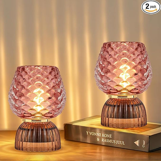 Battery Operated Lamp with Timer, Cute Small Cordless Glass Table Lamp for Home Decor, Kitchen, Bathroom, Birthday Gift for Women, Pinecone, Pink, 2 Pack