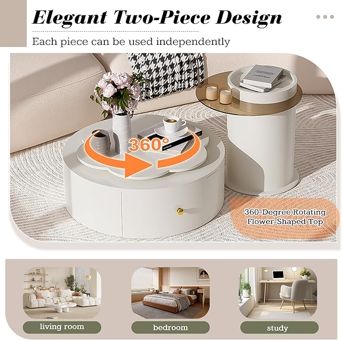 27.5" Modern Round Swivel Coffee Table Set of 2, 360° Rotating Flower-Shaped Center Table with 2 Drawers & Side Tables,MDF Frame Glass Top End Tables for Living Room,Milky White