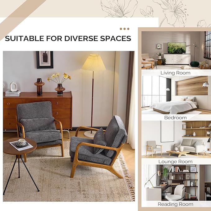 VINGLI Chenille Mid-Century Modern Accent Chair, Cute Reading Arm Chair with Cushion & Lumbar Pillow & Solid Wood Frame for Lounge, Living Room, Reading Room, Bedroom, Dark-Gray