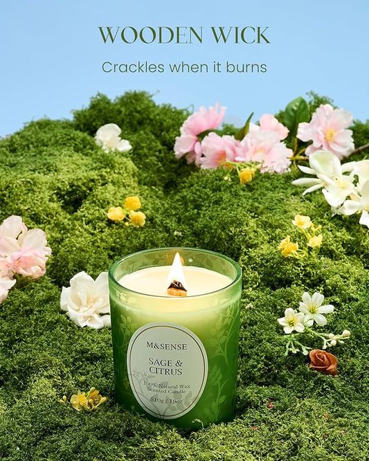 M&SENSE Sage Citrus Scented Candle, Cracking Wooden Wick Soy Wax, 18oz 100 Hours Long Lasting Clean Burn, Large Jar Candles for Home Decor, Non-Toxic Relaxing Aromatherapy Gifts for Women