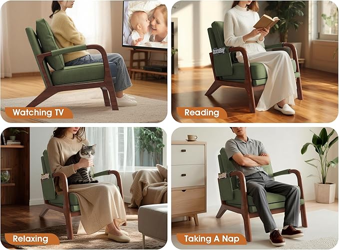 Mid Century Modern Chair Set of 2, Upholstered Lounge Arm Chair with Solid Wood Frame, Comfy Accent Chair for Living Room, Bedroom, Reading, Reception,Green