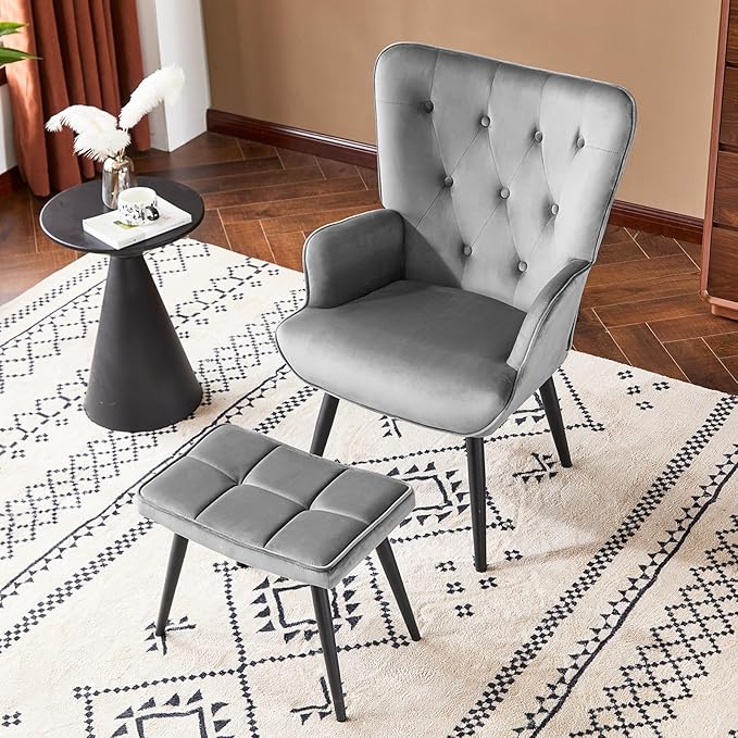 Furniliving Velvet Accent Chair with Ottoman, Upholstered Reading Chair with High Backrest, Tufted-Button Wingback Armchair for Bedroom, Dressing Room, Home Office, Grey