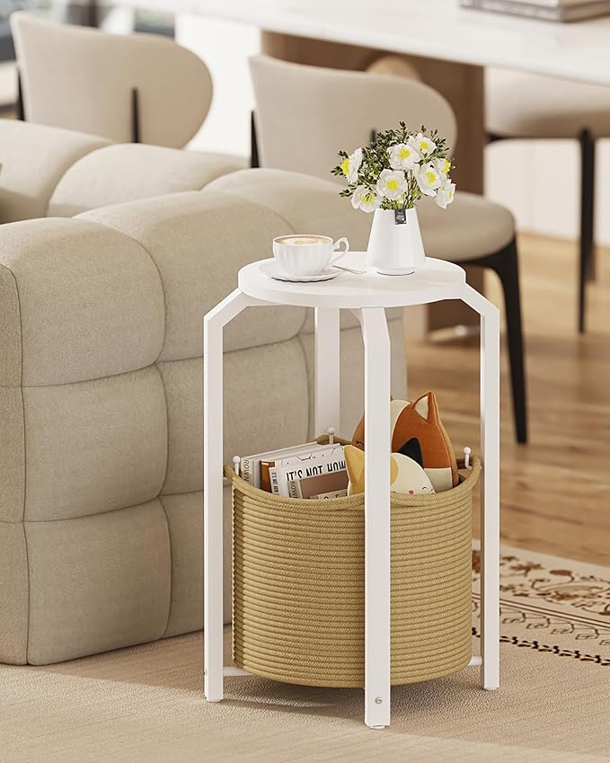 TUTOTAK Small Side Table, Round End Table, Night Stand, Bedside Table, Set of 2, Sofa Table with Storage Basket, Living Room, Bed Room, White and Beige TB01BWN0922