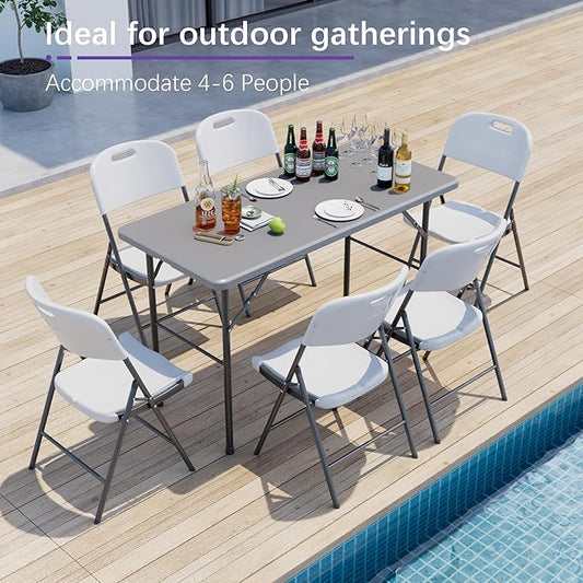 VECELO Folding Table 4 Foot with Mesh Bag, Indoor Outdoor Heavy-Duty Portable w/Handle,Fold-in-Half for Picnic, Party, Camping, Light Grey