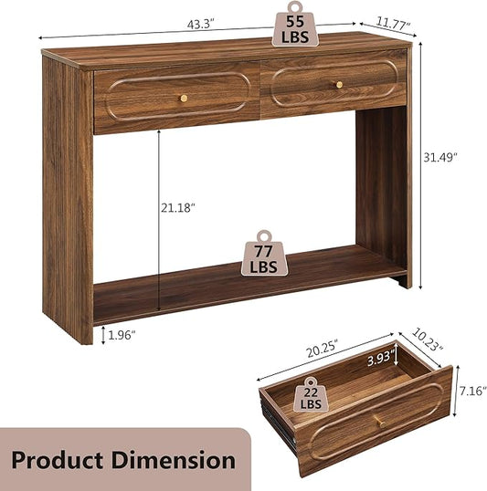Fluted Console Table with Drawers, Mid-Century Narrow Entryway Table with Open Storage Shelves, Hallway Accent Tables Behind Couch Tables for Living Room (Walnut)