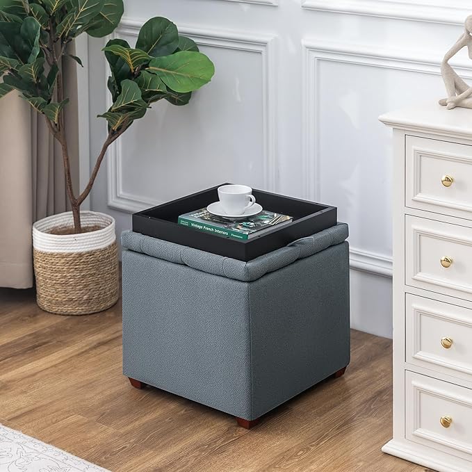 Adeco 18" Grey Square Storage Ottoman with Tray, Small Cube Ottoman Coffee Table with Decorative Fashion Paris Nails, Dorm Room, Bedroom, or Living Room