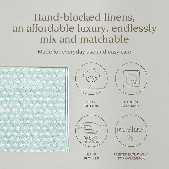 Over&Back Set of 4 Hand-Blocked Placemats - Colorful Dining Table Mat - Each Placemat is Unique - 100% Cotton - Machine Washable - Kitchen and Home Decor - Blue Leaf