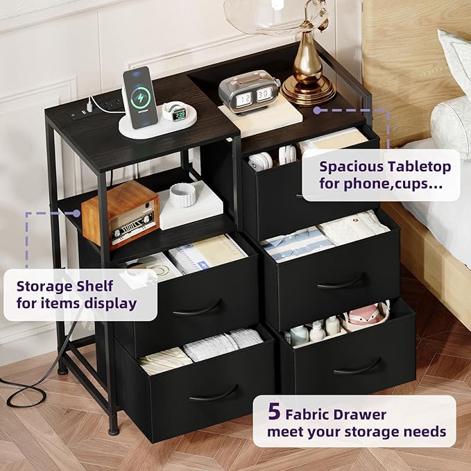 Somdot Black Nightstand with Charging Station and LED Light, Wide 5 Drawers Dresser for Bedroom with Fabric Bins and Open Shelf for Bedroom Kids Closet Dorm Guest Room, Black