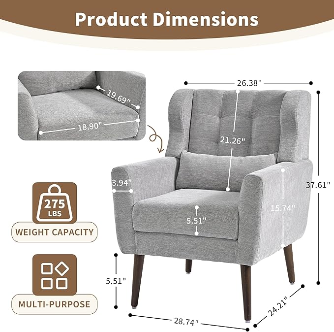 Modern Accent Chair, Upholstered Arm Chair with Waist Pillow, Single Sofa Chair for Living Room Bedroom Small Spaces (Light Gray)