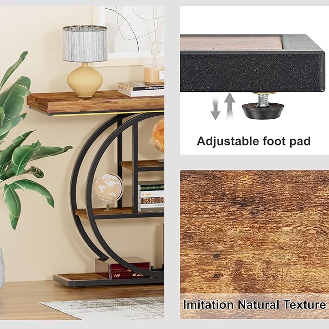 Console Tables for Entryway, 4-Tier Industrial Narrow Wood Sofa Table, Entryway Table with Storage Shelves for Living Room (Without Outlet & LED)