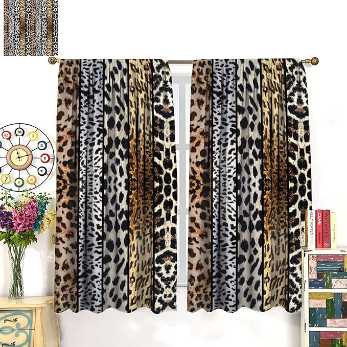 Leopard Print Blackout Curtain, Rustic Wild Animal Skin Farmhouse Fur Leopard Print Drapes, Rod Pocket Window Treatments 2 Panels Curtains for Kitchen Living Room Bedroom Cafe Decor 84"W X 84"L