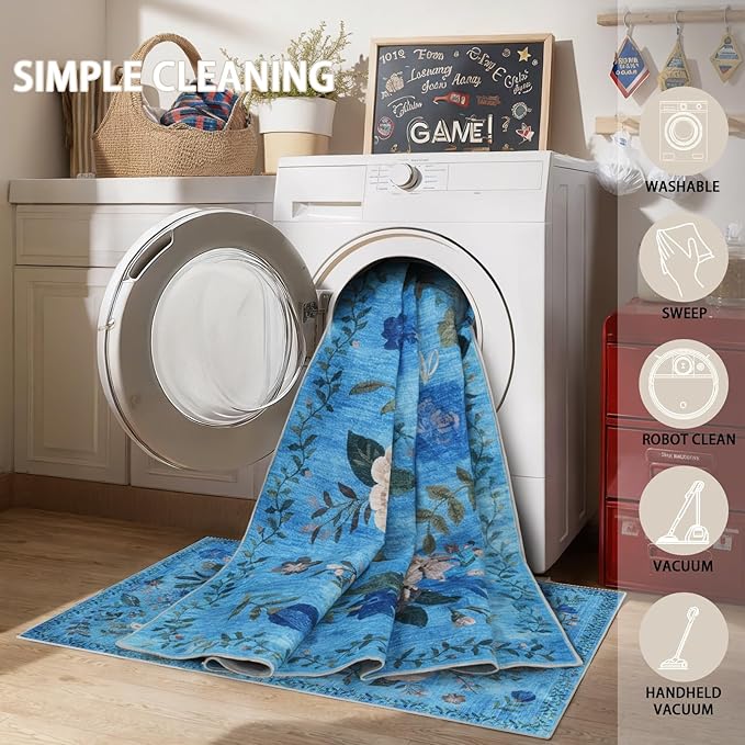 Rug for Hallways Kitchen Rug 2x8, Non Slip Washable Rugs with Rubber Backing Soft Floral Carpet Runner for Hallways, Kitchen, Laundry, Bedroom, Bathroom (2 x 8, Blue Lawn)