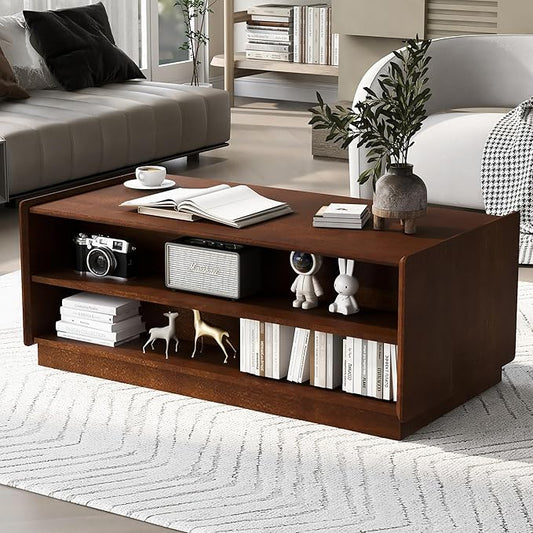 Modern Wooden Coffee Table with 4 Drawers & 2 Open Storage Shelves, 47.2-Inch Rectangular Fluted Accent Tables Center Cocktail Table for Living Room, Brown