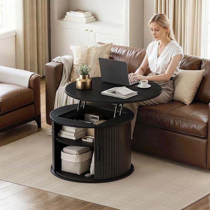 FABATO Round Lift Top Coffee Table, Fluted Wood Accent Coffee Table with Hidden Storage and Open Shelves, Drum Table with Sliding Rolling Door, Small Center Table Dining Table for Living Room, Black