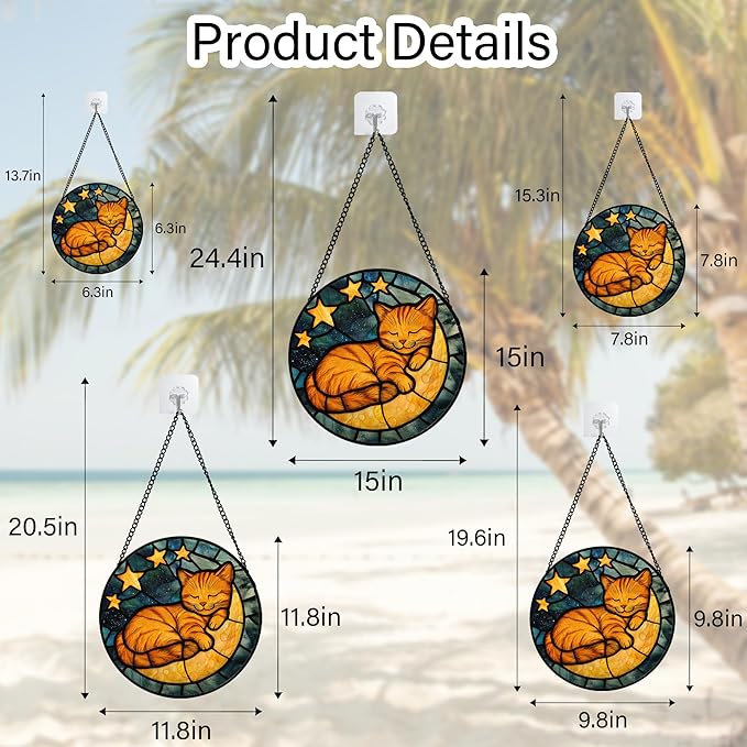 Stained Glass Window Hanging - Orange Cat Sun Catcher for Door Home Decor Stars and Moon Suncatcher Christmas Mother's Day Birthday Loss of a Pet Gifts for Women Men Mom Nana 15 in