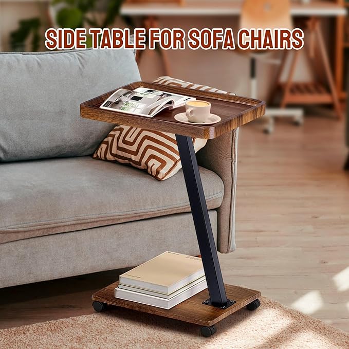 C Shaped End Table, C Shaped Side Table with Rolling Wheels, Side Table for Couches, Sofa Tables Slide Under Couch for Living Room, Over Couch TV Tray Table for Small Spaces(Walnut)