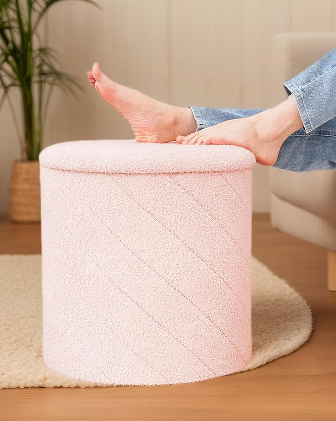 B FSOBEIIALEO Ottoman with Stroage, Boucle Round Storage Ottoman with Tray,Foot Rest Stool for Dorm Room, Living Room Pink, 16.93"x16.93"x17.72"