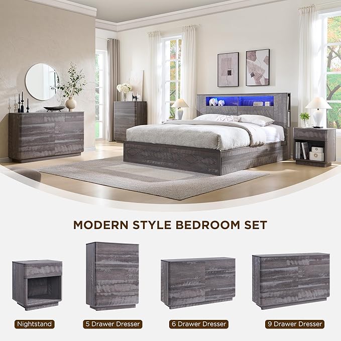 ACCOHOHO Modern Nightstand with Charger Station, 22" Wide Night Stand with Storage Drawer & Open Shelf, Large Bedside Table for Bedroom, Wood End Table, Curved Profile, Grey