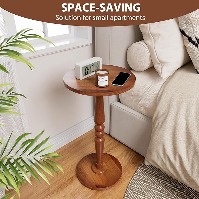 Small Wood Round Side Table - Modern Accent Nightstand Pedestal Table for Living Room, Bedroom - Compact Drink Table for Small Spaces, Corners, Office
