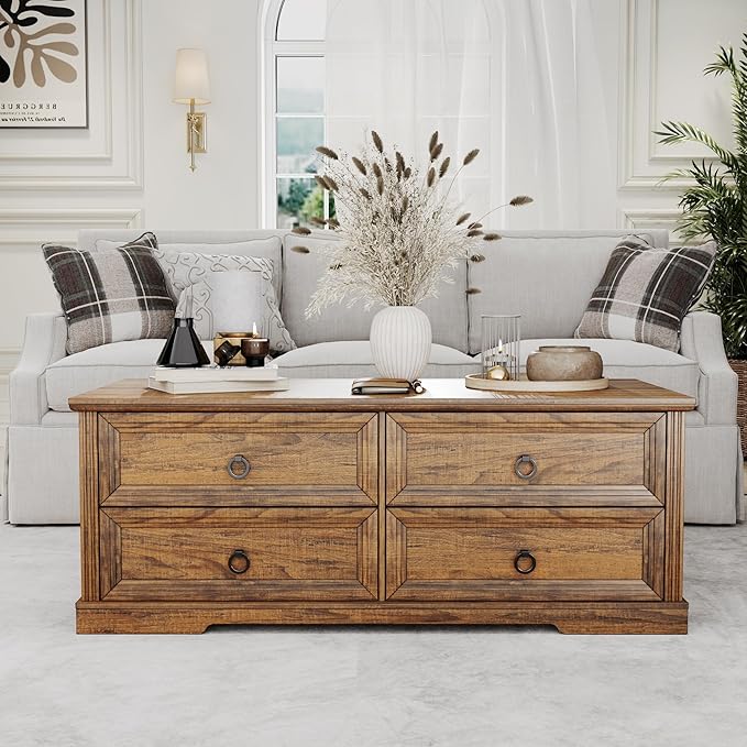 Rustic Coffee Table with Drawers 47 inch Living Room Tables with Storage, Wooden Center Table for Reading Playing Room Home Accent Table for Dining Room Apartment, Walnut