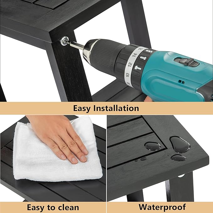 Black Adirondack Outdoor Accent Table – Weather-Resistant Acacia Wood Outdoor End Table with Double Storage, Small Porch Table for Patio, Garden, Lawn, Balcony, and Living Room Use