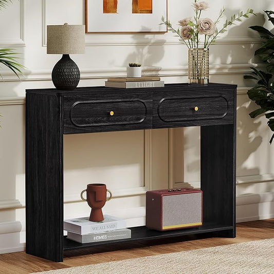 Fluted Console Table with Drawers, Mid-Century Narrow Entryway Table with Open Storage Shelves, Hallway Accent Tables Behind Couch Tables for Living Room (Black)