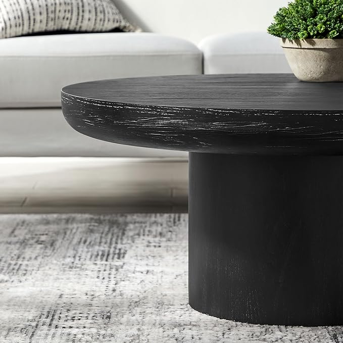 36" Round Coffee Table with Cylindrical Leg,Farmhouse Accent Side Table, Sturdy MDF Construction,Mid-Century Modern Wood Veneer Center Table for Living Room, Apartment,Office (Black)