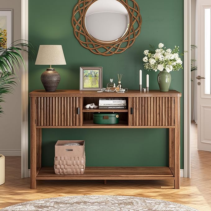 Fluted Console Table with 2 Door Cabinets, Modern Entryway Table with 3 Open Storage Shelves, Narrow Behind Couch Sofa Table for Living Room, Hallway, Foyer, 45.7" W×13.8" D×33.5" H, Walnut Brown