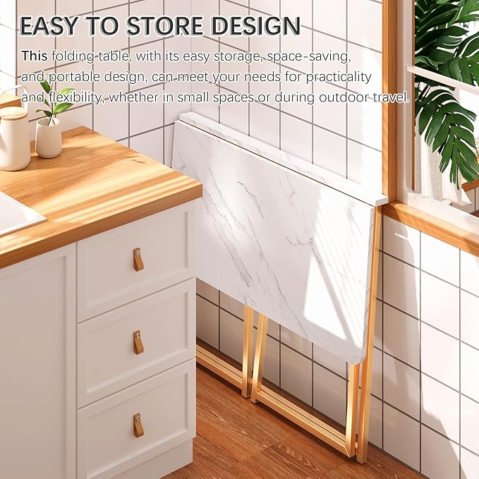4NM 31.5" Small Folding Desk, Foldable Computer Home Office Desk, Study Writing Table for Small Space Saving Bedroom, Easy Assembly - White and Golden