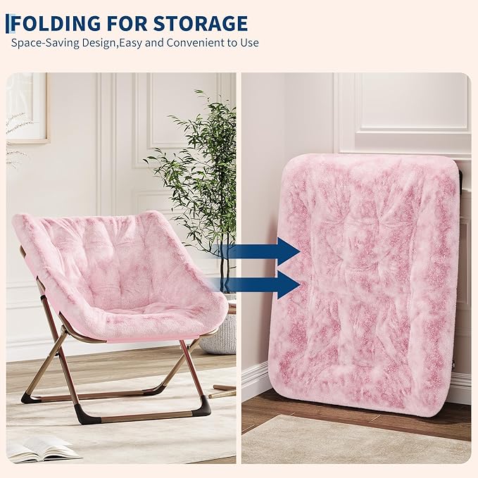 Folding Saucer Chair for Adults, Comfortable Living Room Lounge Chair with Soft Faux Fur Cushion, No Assembly Required, Foldable Accent Furniture for Apartments/Dorms/Bedrooms, Pink