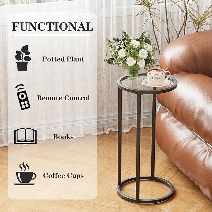 Round Side Table,Glass C Shaped Table,Couch End Table, Tempered Glass Snack Table with Metal Frame, Sofa Couch Bedside Table,TV Tray Table for Small Space(Black,2pcs)