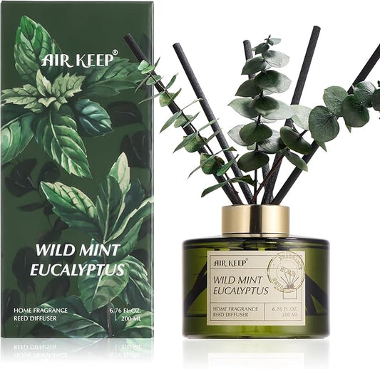 Airkeep Reed Diffuser Set with 6.76 fl oz Wild Mint & Eucalyptus Scent Essential Oils and 3 Leaves & 8 Diffuser Sticks,Bathroom Shelf Decor & Air Freshener, House Bedroom Office Decor & Gifts