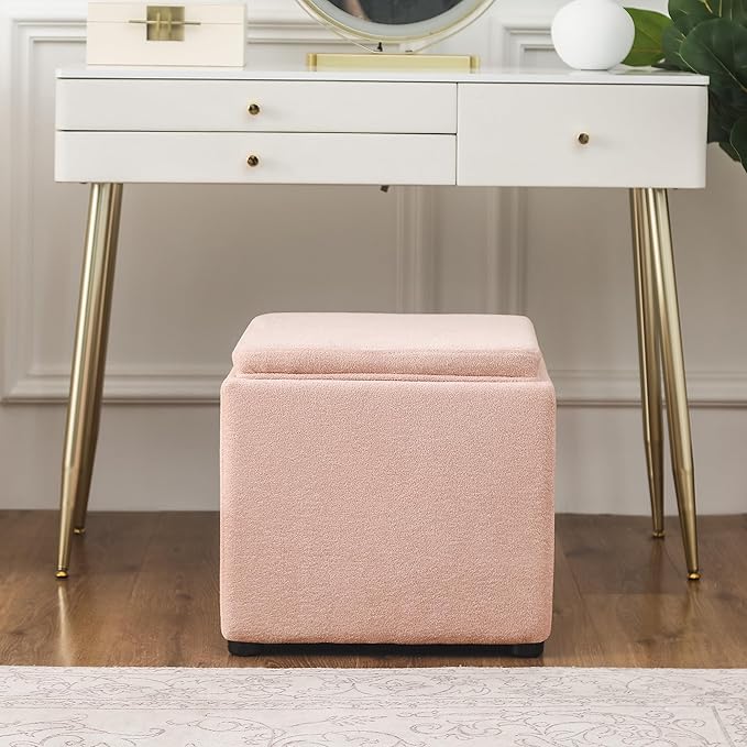 Adeco 17" Pink Storage Ottoman Cube with Tray Lid, Small Footstool with Storage, Square End Table for Living Room & Bedroom (Pink with Tray)