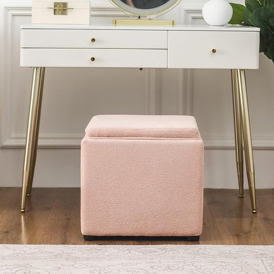 Adeco 17" Pink Storage Ottoman Cube with Tray Lid, Small Footstool with Storage, Square End Table for Living Room & Bedroom (Pink with Tray)