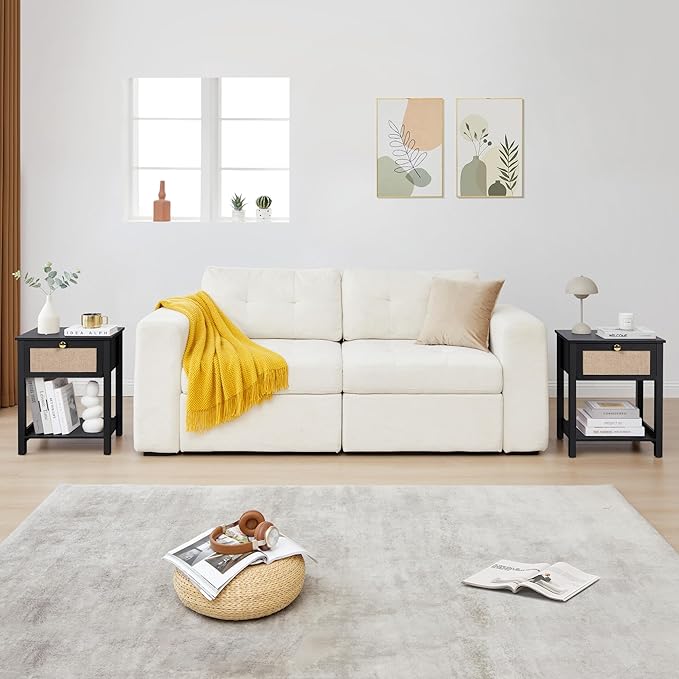 Wood Nightstand, 21.65" H End Table with Flax Finish, Modern Night Stands with Drawer, Farmhouse Bedside Table for Bedroom Living Room (Black)