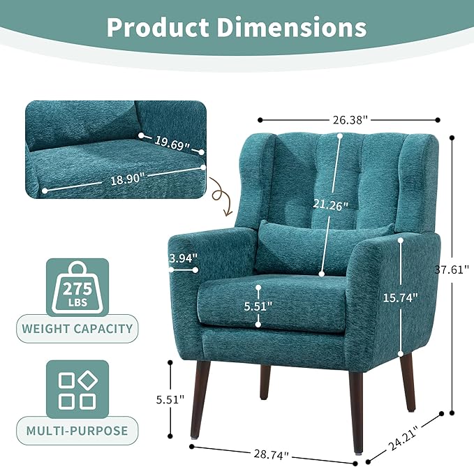 Modern Accent Chair, Upholstered Arm Chair with Waist Pillow, Single Sofa Chair for Living Room Bedroom Small Spaces (Teal)