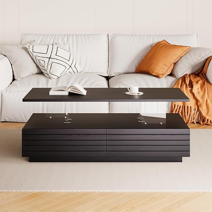 Modern Black Rectangular LED Lights Coffee Table with 2 Drawers in 47.2"