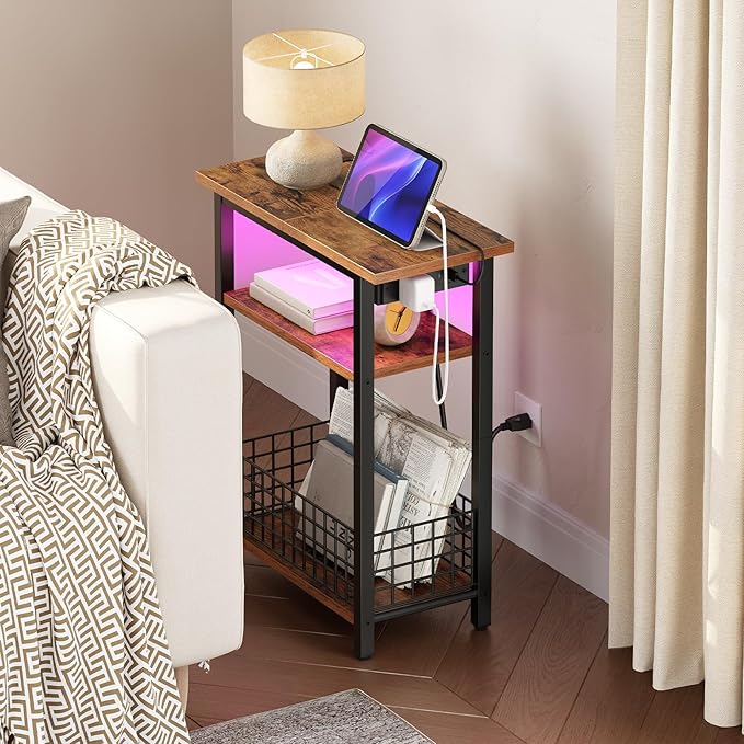 HOOBRO Narrow Side Table with Charging Station and LED Light, Set of 2, Small End Table with Storage, Skinny Nightstand Slim Bedside Table for Small Spaces, Living Room, Rustic Brown BF242UDBZP201