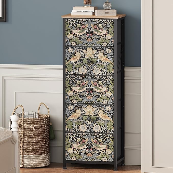 Dresser with 5 Fabric Drawers Strawberry Thief Drawer Dresser for Bedroom Vintage Nightstand Dressers & Chests of Drawer for Halfway Entryway Living Room Sturdy Steel Frame Wood Top, Brown