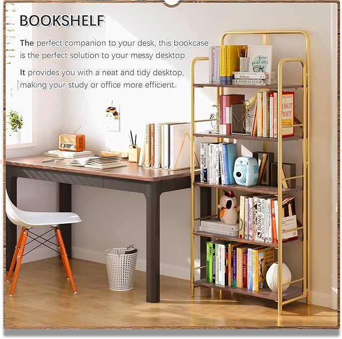4NM No Assembly Folding Bookshelf, 5 Tiers Collapsible Book Shelves Open Industrial Foldable Storage Bookcase Shelf for Bedroom, Living Room, Home Office - Brown and Gold