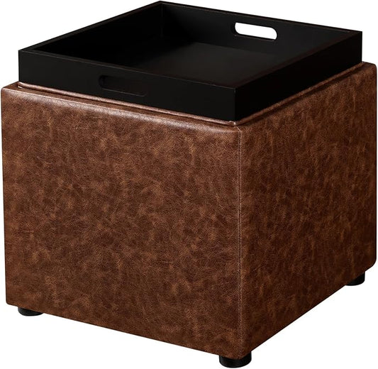 Adeco 17" Storage Ottoman Cube with Tray Lid, Small Footstool with Storage, Square End Table for Living Room & Bedroom