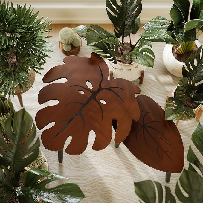 BAMEOS Monstera Leaf Nesting Tables Set of 2, Small Coffee Table Set with Leaf Vein Pattern, Modern Wooden Side Tables for Living Room Bedroom Apartment Balcony Yard
